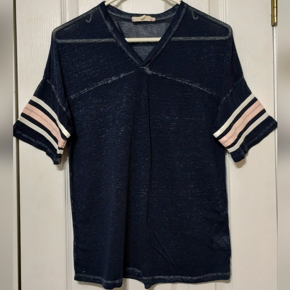 Pink Rose Size M Slightly Sheer Navy V-Neck Tee w/ White pink Arm Stripes
